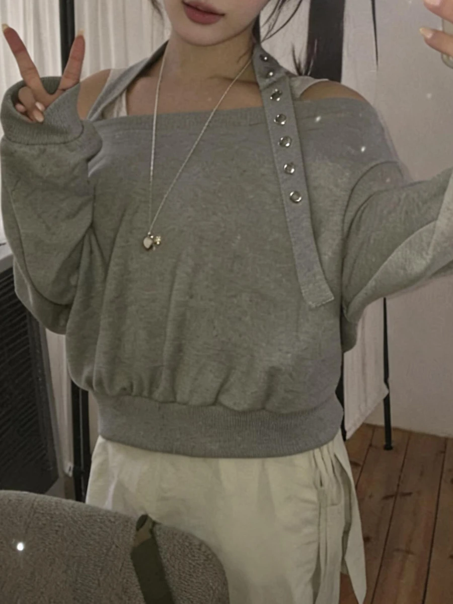 DAZY Women's Grey Asymmetrical Shoulder Studded Strap Loose Batwing Sleeve Cropped Casual Personalized Sweatshirt - Grey - View 1
