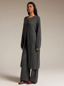 COSMINA Bộ 2 món áo cardigan len dệt kim một hàng khuy và quần len dệt kim phong cách thường ngày cho nữ - Màu xám đen - Xem 6