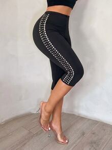 SHEIN SXY 黑色高彈性針織高腰金屬裝飾修身七分緊身褲 - 黑色 - 查看 8