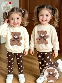 Baby Girls Bear Cartoon Sweatshirt & Lace Trim Leggings Set, Heart Print, Cream & Brown (2 Pcs) Fall Winter - Multicolor - View 3