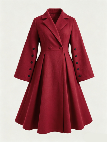 Sweetra CURVE Elegancki długi wełniany płaszcz plus size z kołnierzem, podkreślający talię, z guzikami przy mankietach, czerwony