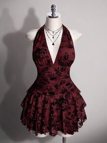 SHEIN ICON 女款大尺碼花卉印花時尚派對掛脖洋裝 冬季 - 酒紅色 - 查看 3