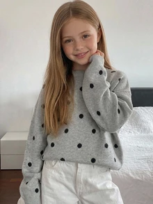 DAZY Tween Girl) Polka Dot Casual Cute Minimalist Crew Neck Pullover Basic Layering Thick Sweater, Autumn/Winter - Light Grey - View 9