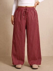 Elaquor Plus Size Minimalist Drawstring Waist Striped Loose Pants - Red - View 6