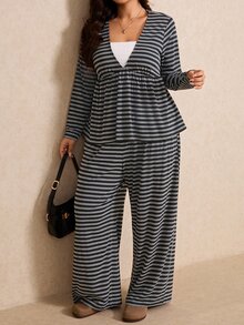 Elaquor Plus Size Striped Colorblock Long Sleeve Top And Loose Pants 2 Pieces Set Casual Daily Going Out Sets For Women Fall/Winter Casual Office Striped Set - Dark Grey - View 5