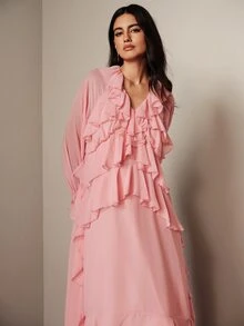 BELROSIE Women's Dress Loose Long Fit Chiffon V-Neck Multi-Layer Ruffles Asymmetrical Hem Elastic Cuffs Elegant Romantic Soft Pink Solid Party Tea Party Date Fall - Pink - View 7