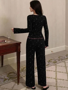 DAZY 2pcs Bow Print Fitted Long Sleeve T-Shirt & Long Pajama Pants Women's Sleepwear Set - Black - View 2