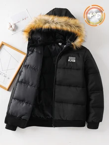 SHEIN 青少年男孩休閒黑色連帽棉質外套，飾有毛邊與小標籤，適合秋冬返校季 - 黑色 - 查看 4