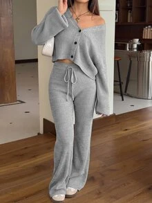 SHEIN EZwear 2件組女款休閒純色寬肩帶開襟衫與抽繩腰喇叭褲套裝，適合秋季/旅行，黑色 - 淺灰色 - 查看 5