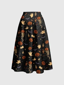 ROMWE Fairycore Plus Size Gothic Pumpkin Print Dark Vacation Skirt - Black - View 2