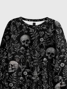 ROMWE Gothic Dark Forest Skull Gothic Pullover Sweatshirt Plus Size - Black - View 3