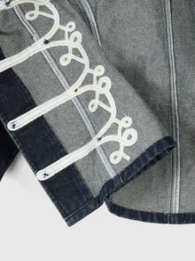 ROMWE Avant Women's Webbing Button Faux Fur Patchwork Denim Jacket - Blue - View 6