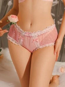 DelicateAllure Pink Mesh Patchwork Sheer Lace Patchwork Ruffled Bow Cute Women's Triangle Panties - Pink - View 4