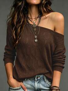 SHEIN New Spring Summer Vintage Leaf Weave Knit Top Women Off Shoulder Long Sleeve Vacation Loose Blouse - Coffee Brown - View 6