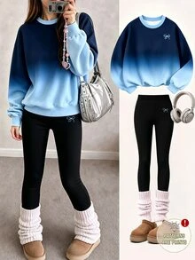 青少年女孩漸層藍色蝴蝶結裝飾運動衫，對比滾邊舒適套頭上衣，秋冬款 - 彩色 - 查看 3