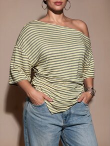 SHEIN BAE CURVE Áo thun nữ size lớn màu vàng kẻ sọc, tay lỡ, vai bất đối xứng - Màu vàng - Xem 7