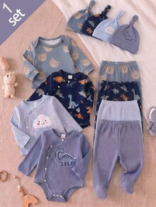2件組新生兒居家服套裝，嬰兒恐龍刺繡2件套，春秋款羅紋長袖連身衣 + 腳套褲，男嬰分體套裝 - 彩色 - 查看 6