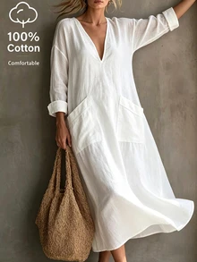 SHEIN 100% Cotton Beige V-Neck Loose Long Dress - White - View 5
