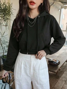 DAZY Women's Solid Color Cropped Sweatshirt - Black - View 3