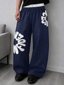 SHEIN Celana Panjang Anak Laki-Laki Remaja (Tween) Motif Huruf, Pinggang Elastis, Longgar, dan Lebar - Navy Blue - View 7