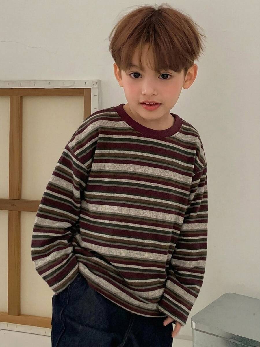 Hapijoa 兒童秋季男童休閒寬鬆條紋日系森系風格T恤 - 酒紅色 - 查看 1
