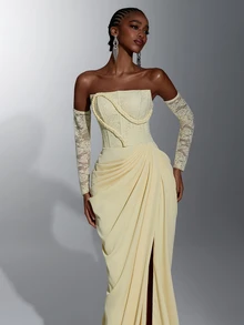Elitara Elegant Luxurious Yellow Sexy Strapless Satin Contrast Lace Ruched Slit Back Tie-Up Braided Rope Decor Mermaid Dress For Wedding Events, Bachelorette Party, Vacation, Ball, Evening Gala - Yellow - View 7