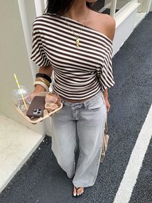 Aloruh 女款條紋不對稱肩蝙蝠袖短袖休閒T恤（2件組） - 彩色 - 查看 5