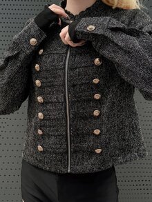 FRIFUL Women's Long Sleeve Zip-Up Button Design Casual Napoleon Jacket - Black - View 7