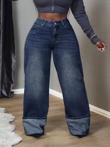 SHEIN PETITE CURVE Plus Size Women's Casual Everyday Denim Jeans With Pockets And Buttons - Blue - View 7