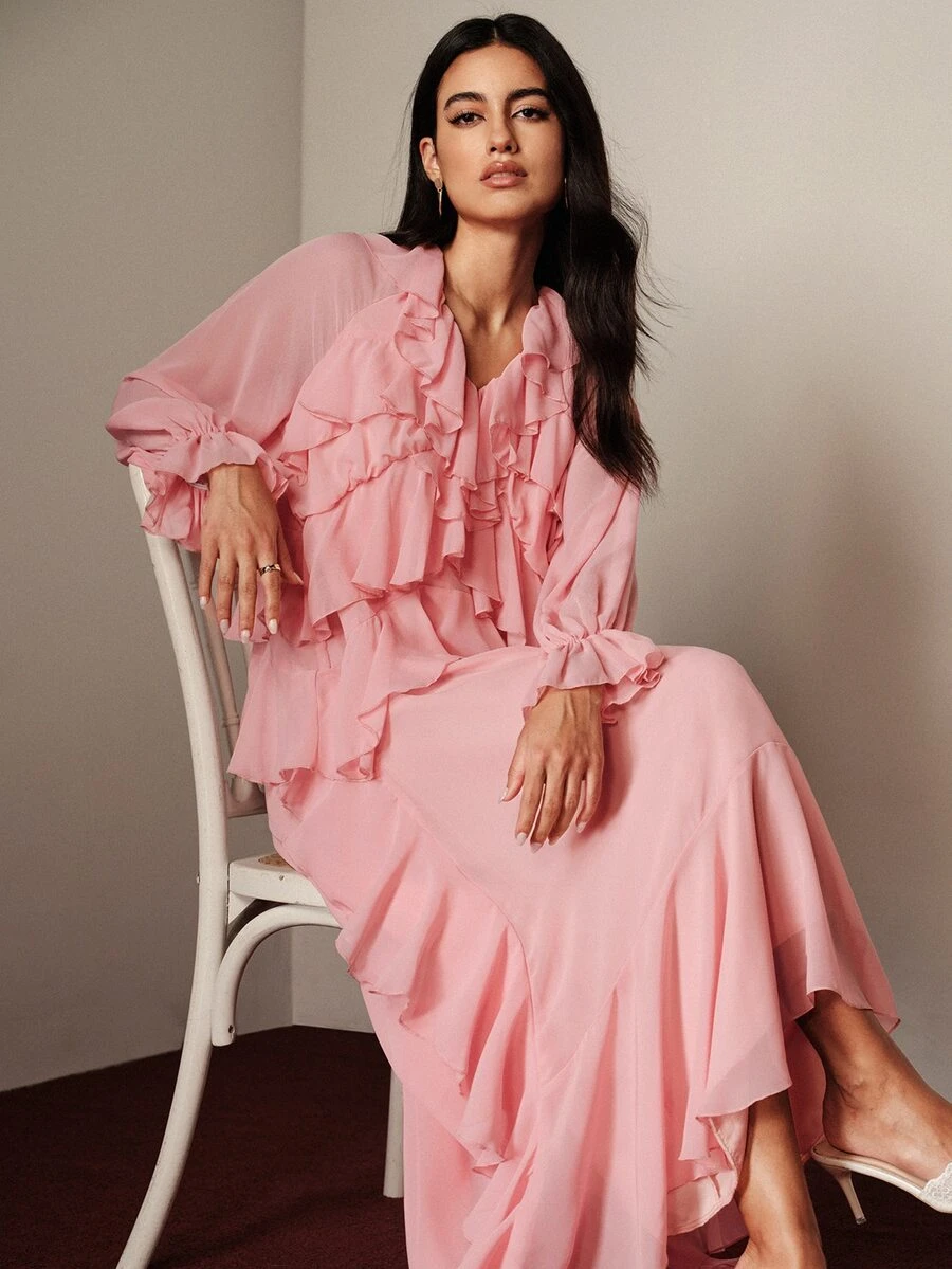 BELROSIE Women's Dress Loose Long Fit Chiffon V-Neck Multi-Layer Ruffles Asymmetrical Hem Elastic Cuffs Elegant Romantic Soft Pink Solid Party Tea Party Date Fall - Pink - View 1