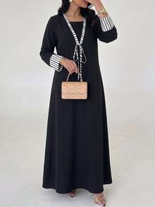 Al Najma Spring/Autumn Casual 2 Pieces Striped Patchwork Tie-Waist Long Sleeve Loose Slimming Elegant Women's Long Robe Dress For Daily Wear - Black - View 4