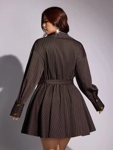 Viva Relle Plus-Size Women's Striped Shirt-Style Metal Button Decor A-Line Dress Fall - Coffee Brown - View 7