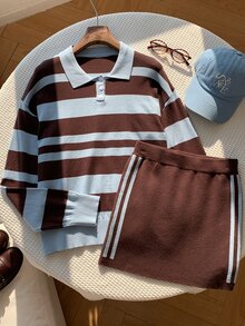 Comfortcana Women's Striped Long Sleeve Polo Collar Sweater And Knitted Skirt 2 Pieces Set - Multicolor - View 1