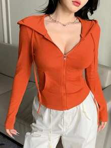 DAZY Valentine's Day Women's Fitted Hooded Zip-Up T-Shirt T-Shirt Fall Long Sleeve Tops - Orange - View 3