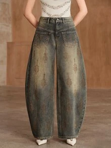 Anewsta Women's Pocket Design Rhinestone Wide Leg Loose Casual Vintage Streetwear Denim Jeans Night Out Grey Fall - Dusty Blue - View 4