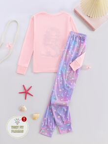 Tween女孩/女孩修身休閒家居服可愛螢光卡通動物印花修身睡衣套裝（2件組），包含長袖圓領上衣與長褲，柔軟舒適居家服，適合8-12歲兒童 - 彩色 - 查看 8