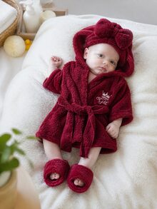 SHEIN 3件組新生女嬰毛絨外套道具套裝，可愛甜美酒紅色毛茸茸皇冠頭巾，長袖連帽加厚款，適合派對、冬季與假期 - 酒紅色 - 查看 3