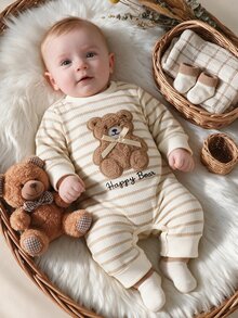 SHEIN 1pc Newborn Baby Girl Boy Romper Cute Sweet Beige Cream Bear Applique Striped Bow Long Sleeve Round Neck Birthday Party Fall Holiday Fall Ribbed Snaps - Apricot - View 8