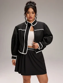 SHEIN BASICS Plus Size Women Black Contrast Trim Zip Up Lightweight Jacket Long Sleeve Casual Jacket Winter - Black - View 1