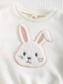 Cozy Pixies 3件組女嬰休閒舒適百搭可愛兔子刺繡圓領加厚抓絨棉背心外套附鬆緊腰長褲套裝，秋冬可愛滑雪、外出、日常、玩耍、假日穿搭 - 彩色 - 查看 4