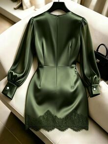 Franclia Plus Size Lace Long Sleeve Dress - Green - View 2