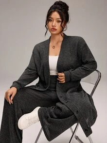 EMERY ROSE Plus Size Women Solid Color Long Sleeve Single-Breasted Jacket And Pants Casual 2 Pieces Set Fall - Dark Grey - View 4