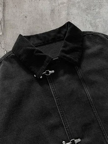 AXEPEAK Áo khoác denim nam size lớn màu đen wash, có khóa cài hình máy bay và cổ áo gân - màu đen - Xem 3