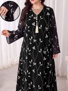 Al Najma 大尺碼女款植物刺繡流蘇設計長袖優雅阿拉伯風洋裝 - 黑色 - 查看 8