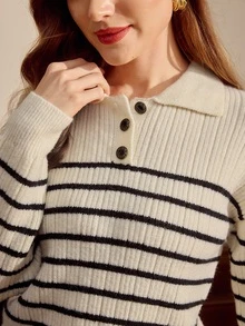 Vintamour Cream White & Black Ribbed Ribbed Polo Collar Knit Sweater, Loose Fit Long Sleeve For Women - Black and White - View 3