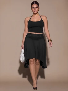 SHEIN BAE CURVE 大尺碼女款純色休閒百搭日常裙 - 黑色 - 查看 5