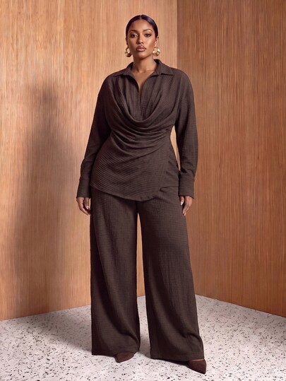 Zivah 2026 Autumn Women's Plus Size New Anniversary Graduation Season All-Match Versatile Cruise Travel Casual Comfortable Multi-Occasion Lightweight Fashion Plus Size Apparel High-End Elegant Romantic Brown Knit Textured Deep Draped Neck Long Sleeve Shirt And Long Wide Leg Pants Set