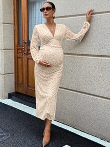 MaterniWear 孕婦深V領燈籠袖抓皺修身優雅洋裝 - 杏色 - 查看 7