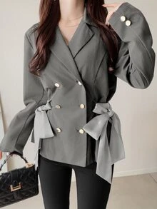 FRIFUL Women's Solid Color Double-Breasted Side Waist Tie Casual Blazer - Grey - View 1