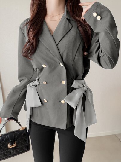FRIFUL Women's Solid Color Double-Breasted Side Waist Tie Casual Blazer